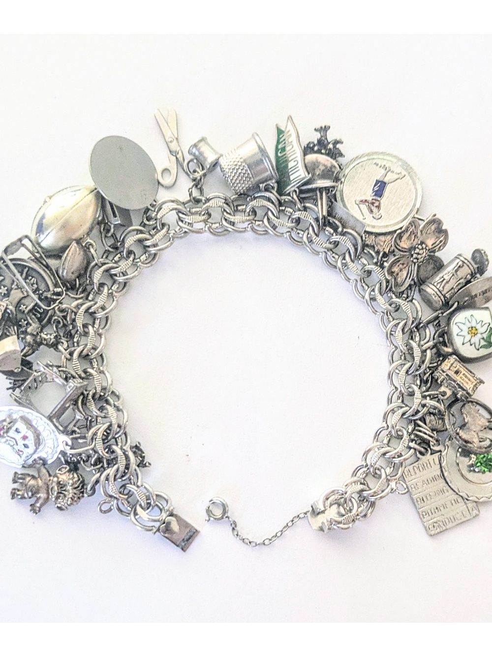 SOLD! ELCO STERLING SILVER DOUBLE LINK CHARM BRACELET WITH 29 CHARMS 98.57 Gr